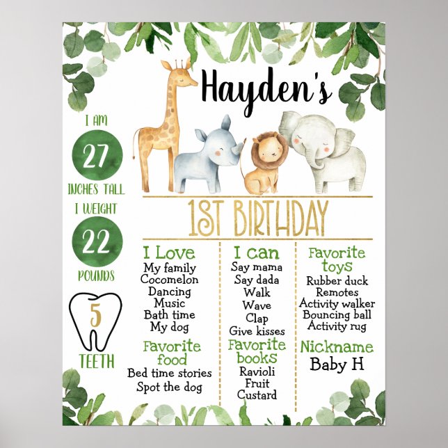 Affiche Safari Animaux Foilage 1er Anniversaire Jalon (Devant)
