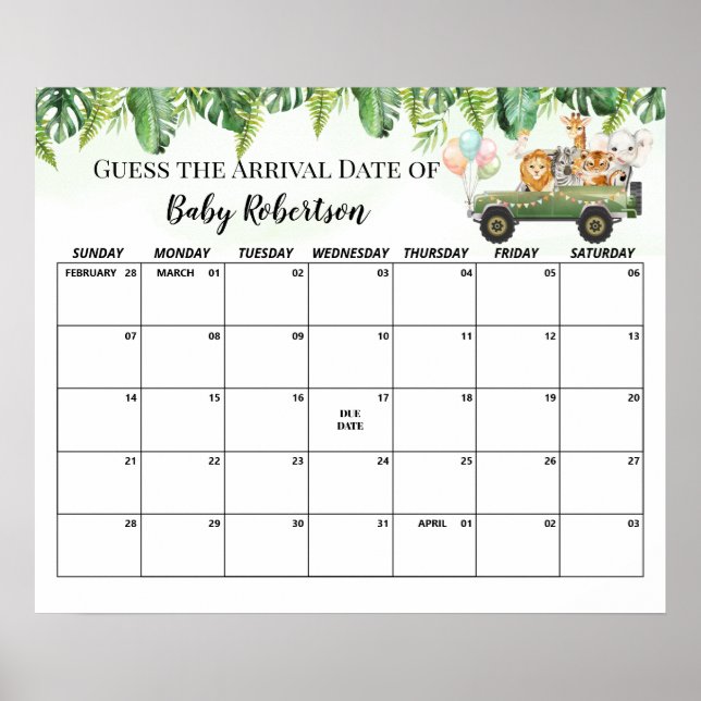 Affiche Safari Baby Shower Jungle Guess Due Date Calendar (Devant)