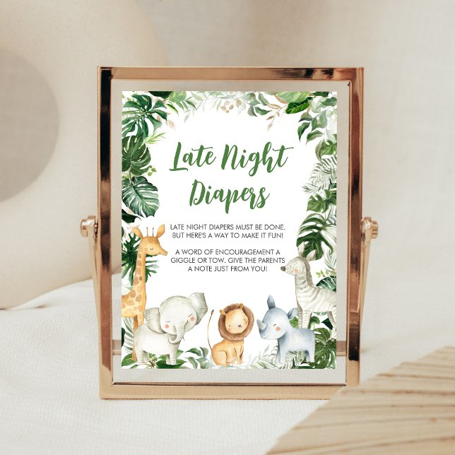 Affiche Safari Bébé Sauvage Cadeau de Naissance Signe de C (Greenery Jungle Baby Shower Late Night Diapers Sign)