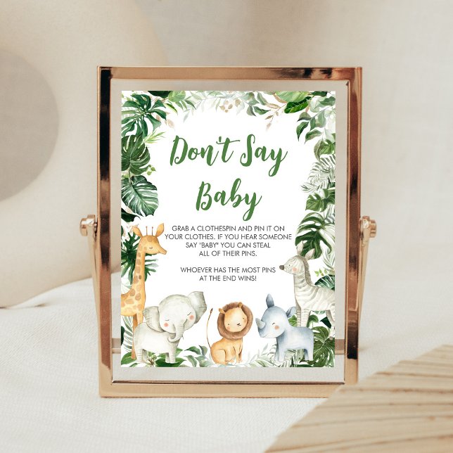 Affiche Safari Bébé Sauvage Fête de Naissance Panneau Ne D (Greenery Jungle Baby Shower Don't Say Baby Sign)