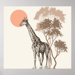 Affiche Safari Coucher de soleil Giraffe Paysage naturel