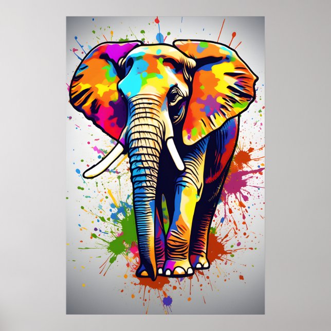 Affiche Safari Elephant Art Africain, Peinture Arc En Ciel (Devant)