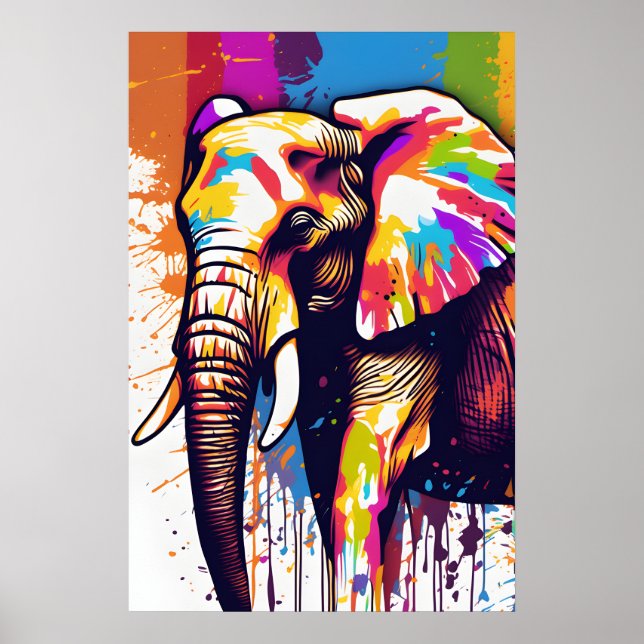 Affiche Safari Elephant Art, Rainbow Paint Splatter Wall (Devant)