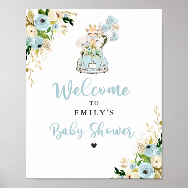 Affiche Safari Floral Bleu Animaux Conduits Par Baby showe (Devant)