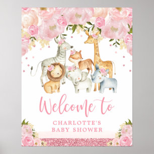 Affiche Safari Floral Rose Blush Wild Animals Bienvenue bé