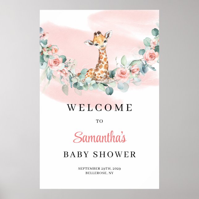 Affiche Safari Giraffe Eucalyptus Baby shower fille Bienve (Devant)