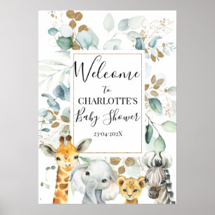 Affiche Safari Grey Gold Foliage Baby Shower Welcome