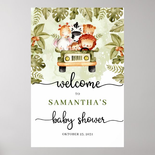 Affiche Safari jungle animaux camion baby shower accueil (Devant)