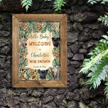 Affiche Safari Jungle Animaux sauvages Bonjour Baby shower<br><div class="desc">Genre neutre "Hello Baby!" safari jungle animaux sauvages bébés Baby shower design avec végétation tropicale feuillage. Conception composite par Holiday Hearts Designs.</div>