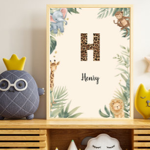 Affiche Safari Jungle Monogramme de prénom personnalisé H 