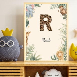 Affiche Safari Jungle Monogramme Personnalisé Enfant Nurse