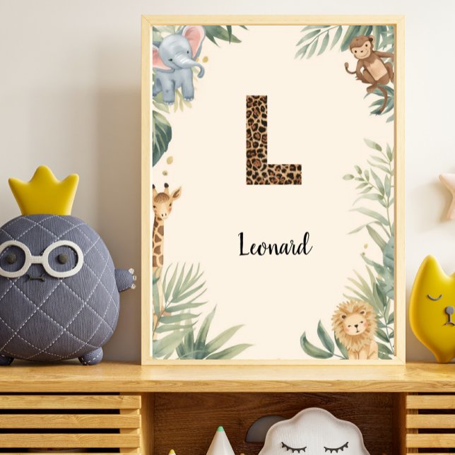 Affiche Safari Jungle Personalized Name Monogram L Nursery (Créateur téléchargé)