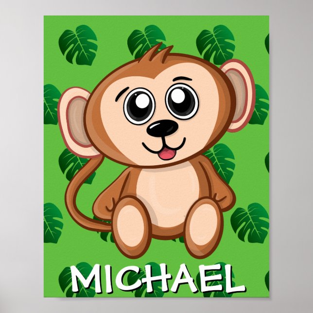 Affiche Safari Mignon Singe Vert Dessin Animé Jungle Nom Z (Devant)