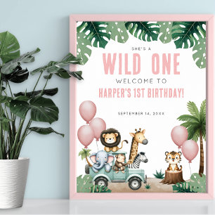 Affiche Safari Rose "Wild One" Bienvenue pour le 1er Anniv