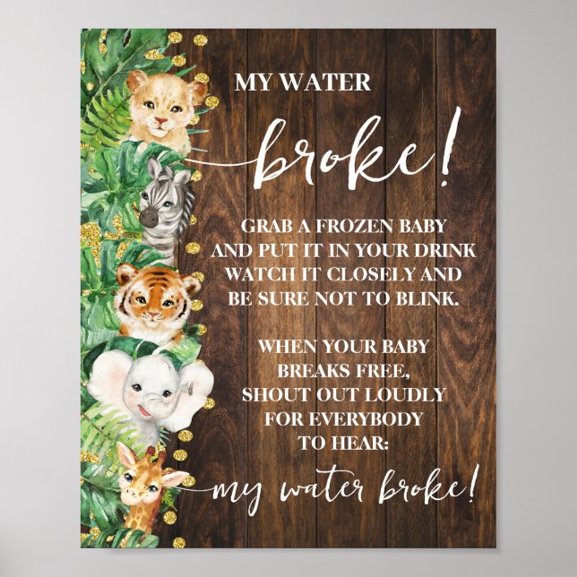 Affiche Safari Rustique Animaux My Water Broke Baby shower (Devant)