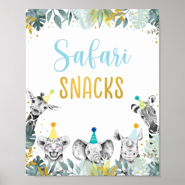 Affiche Safari Snacks Blue Gold Party Animal Anniversaire (Devant)