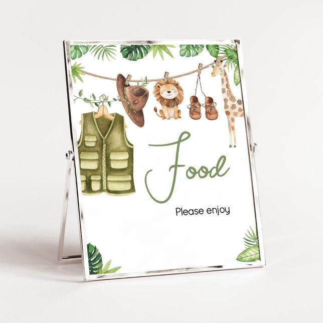 Affiche Safari tropical Jungle Animaux Baby shower Nourrit (Tropical Safari Jungle Animals Clothesline Baby Shower Food Sign)