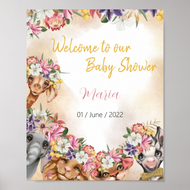 Affiche Safari wildone baby shower rose et or (Devant)