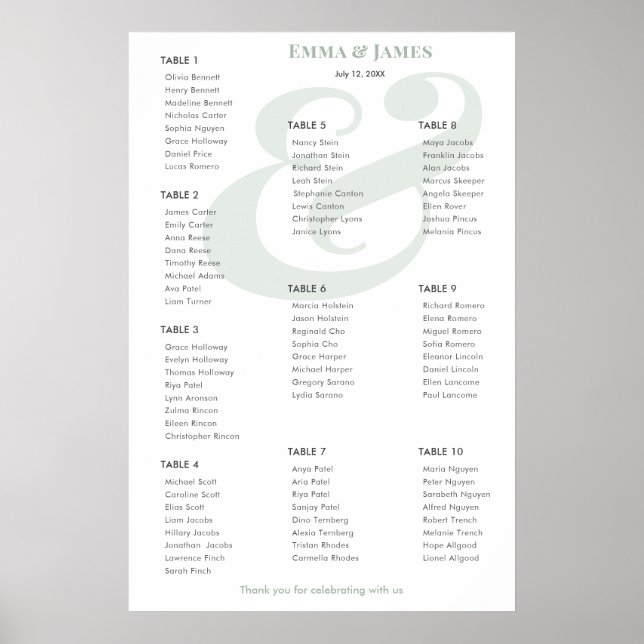 Affiche Sage Ampersand Mariage | Plan de table 10 (Devant)