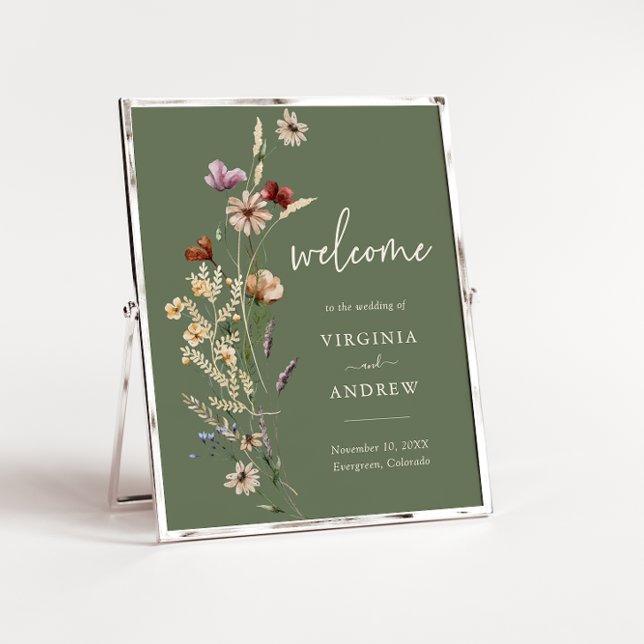 Affiche Sage Boho Fleur Sauvage Mariage de Bienvenue (Sage Green Boho Wildflower Welcome Wedding Poster by Painted Paperie
)