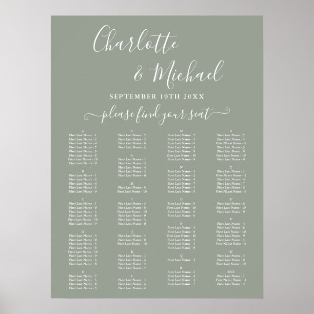 Affiche Sage Green Alphabetical Wedding Seating Chart (Devant)