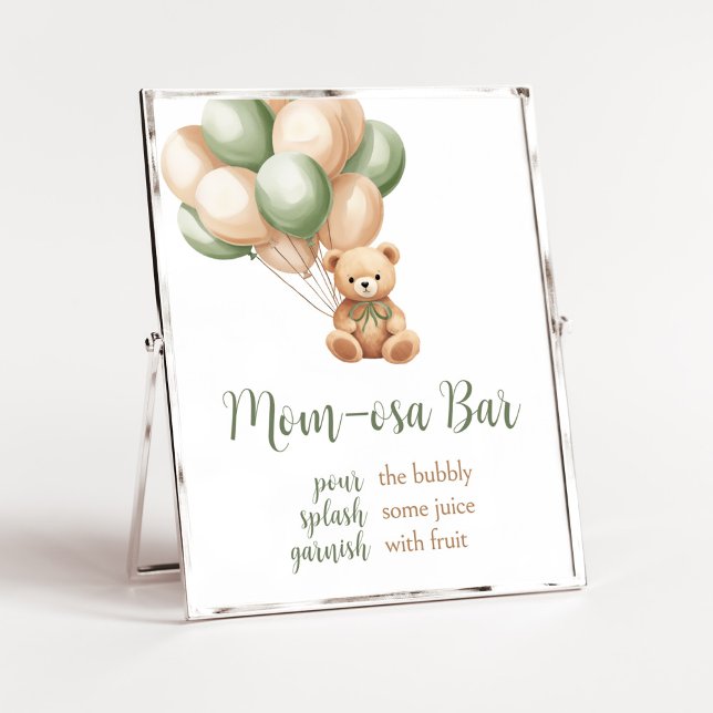 Affiche Sage Green Bear Ballotte Baby shower Maman Osa Bar (Green Boho Bear Baby Shower Mom Osa Bar Sign)