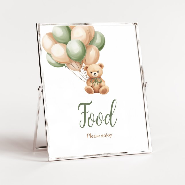 Affiche Sage Green Bear Ballotte Baby shower Nourriture (Green Boho Bear Baby Shower Food Sign)
