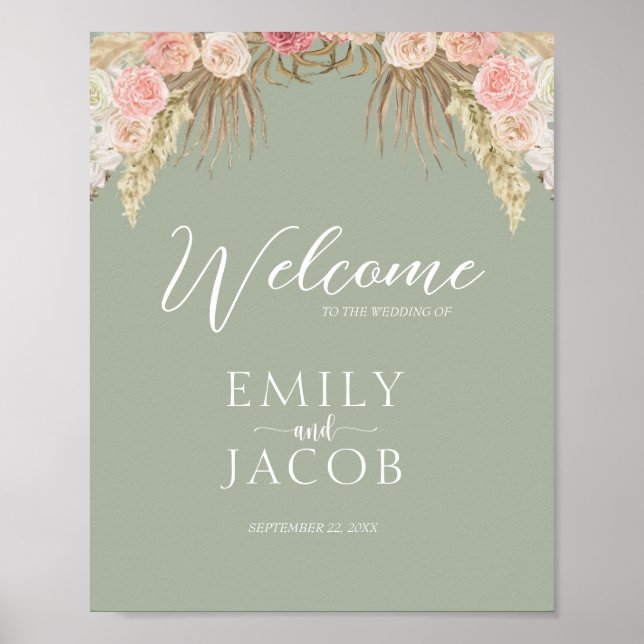 Affiche Sage Green Boho Floral Mariage Whimsical Bienvenue (Devant)