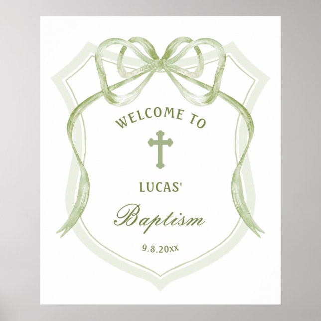 Affiche Sage Green Bow Crest Baptisme Bienvenue (Devant)
