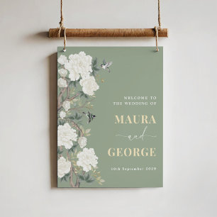 Affiche Sage Green Chinoiserie Flower Bird Mariage Bienven