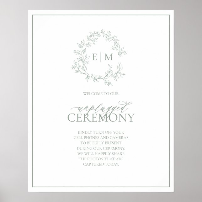 Affiche Sage Green Crest Monogramme Mariage débranché (Devant)
