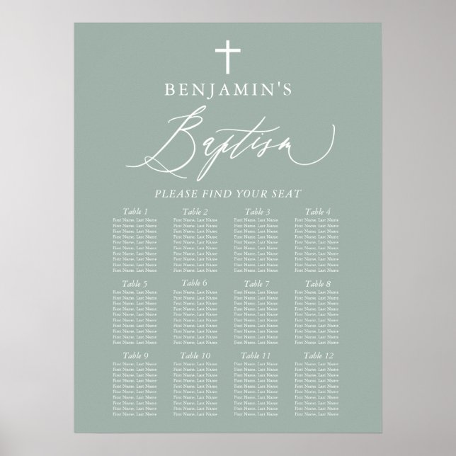 Affiche Sage Green Cross Boy Baptism Seating Chart Sign (Devant)