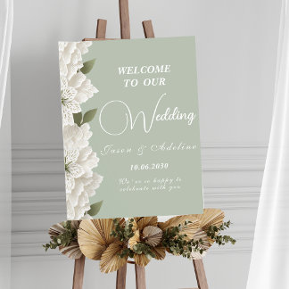 Affiche Sage Green Elegant Embossed Floral Wedding Sign