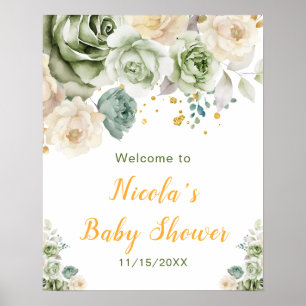 Affiche Sage Green et Crème Floral Baby shower Bienvenue