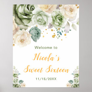 Affiche Sage Green et crème Sweet sixteen Floral Bienvenue