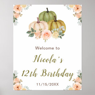 Affiche Sage Green et Peach Floral Citrouille Anniversaire