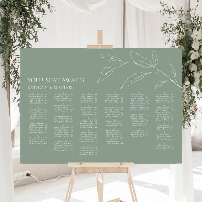 Affiche Sage Green Feuille d'olive Mariage Siège alphabéti (Créateur téléchargé)