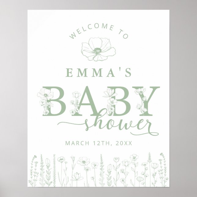 Affiche Sage Green Floral Baby Shower Welcome Sign (Devant)