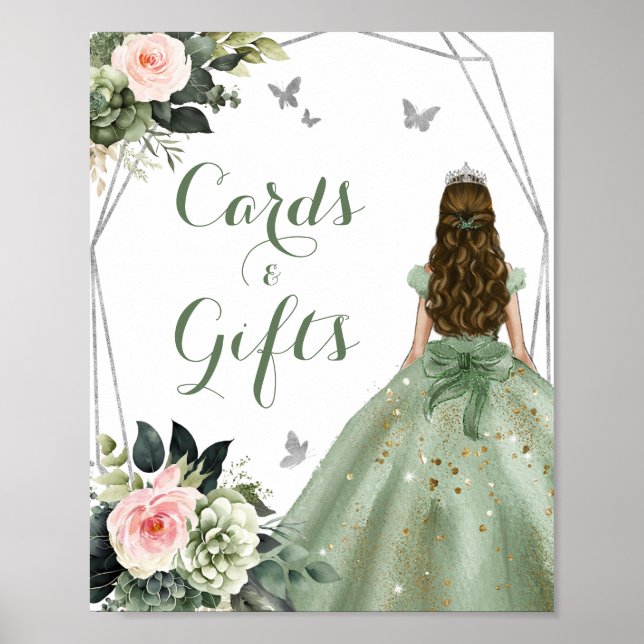 Affiche Sage Green Floral Blush Rose Girl XV Cartes Cadeau (Devant)