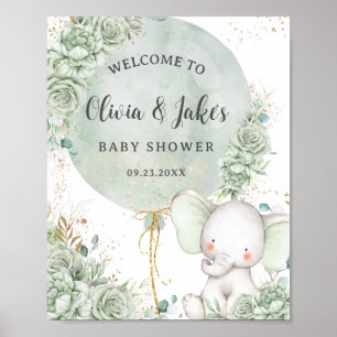 Affiche Sage Green Floral Elephant Baby shower neutre