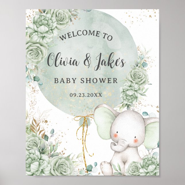 Affiche Sage Green Floral Elephant Baby shower neutre (Devant)