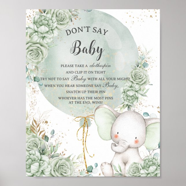 Affiche Sage Green Floral Elephant Ne pas dire Baby Game (Devant)