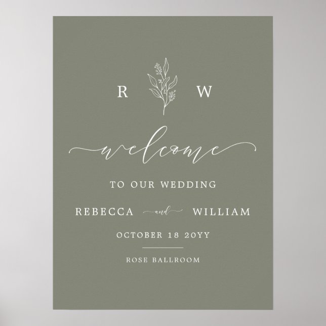 Affiche Sage Green Floral Monogramme Script Mariage de bie (Devant)