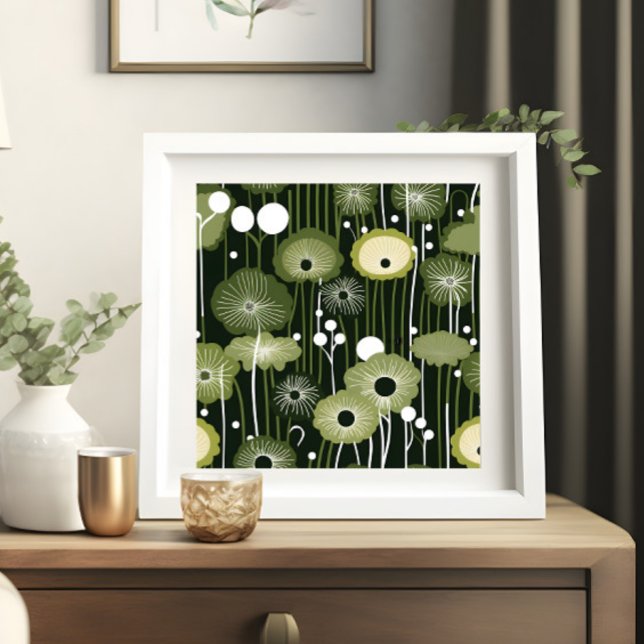 Affiche Sage Green Floral sur noir (Sage green flower print on dark background in white frame)