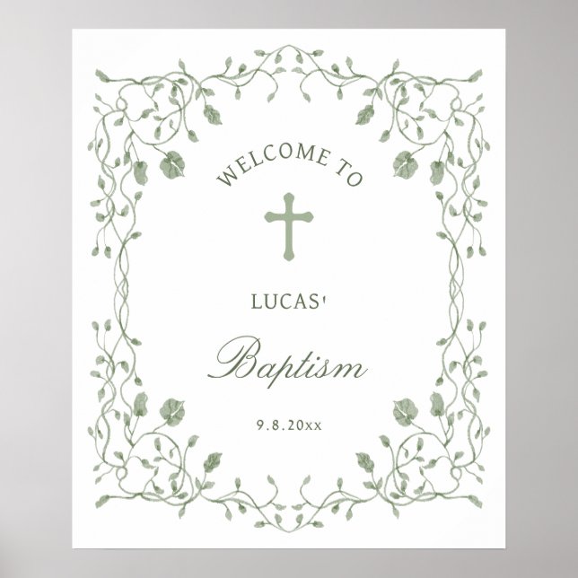 Affiche Sage Green Foliage Frame Baptism Welcome (Devant)