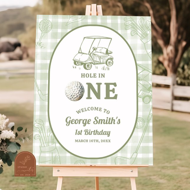 Affiche Sage Green Gingham Golf 1st Birthday Welcome Sign (Créateur téléchargé)