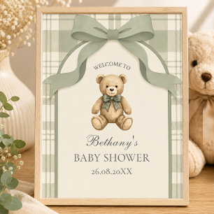 Affiche Sage Green Gingham Teddy Bear Bienvenue