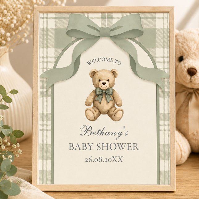 Affiche Sage Green Gingham Teddy Bear Bienvenue  (Sage Green Gingham Teddy Bear Welcome Sign)