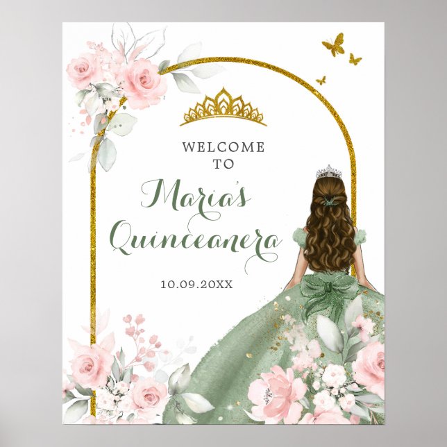 Affiche Sage Green Gold Princesse Quinceanera Bienvenue (Devant)