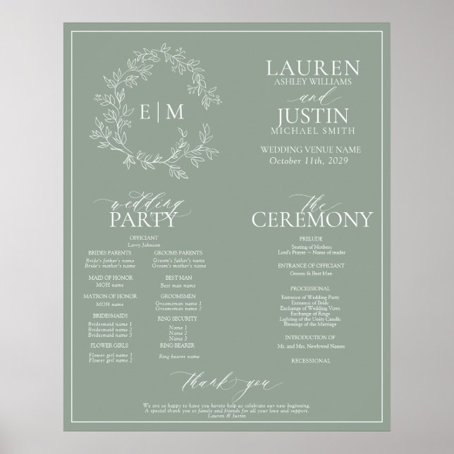 Affiche Sage Green Leafy Crest Monogramme Programme de mar (Devant)